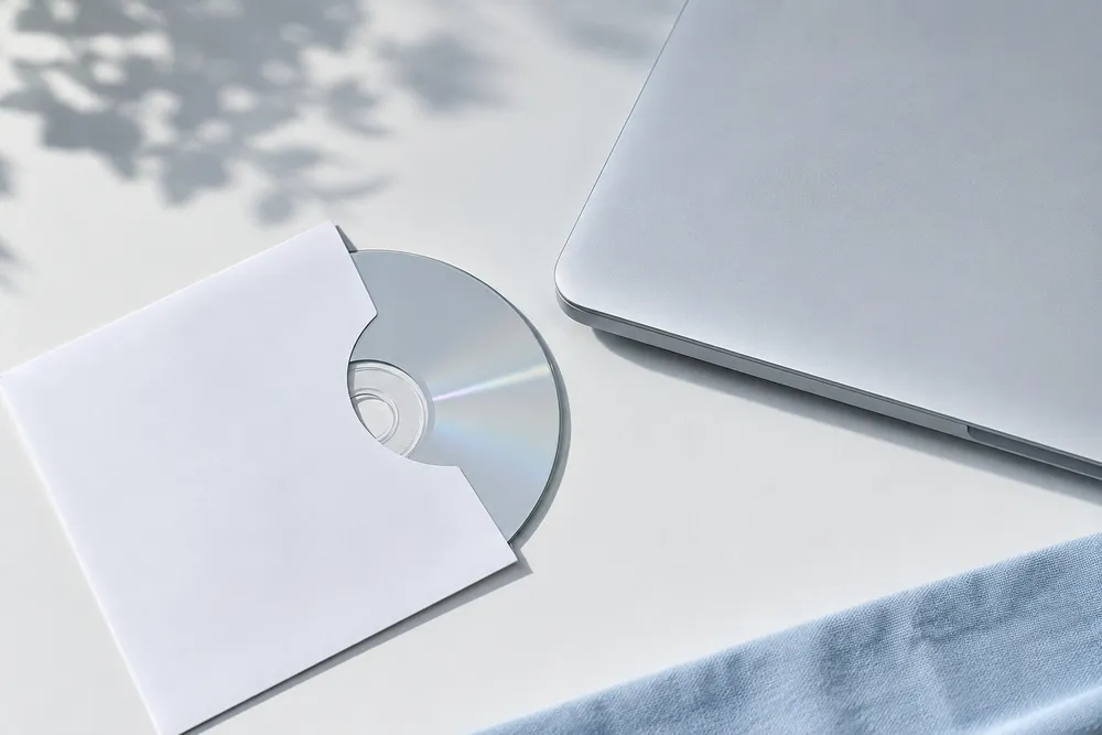 An unlabelled CD half out of a paper sleeve next to a closed laptop.