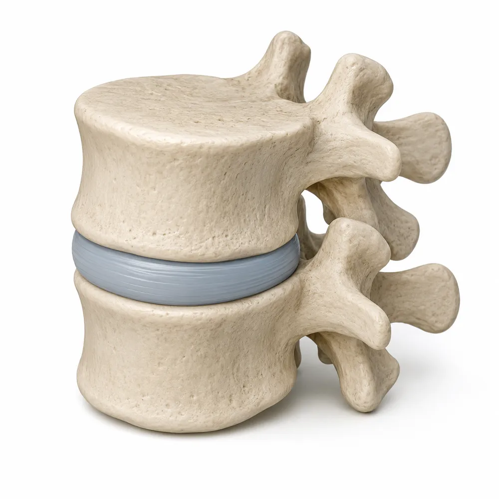 Anatomical illustration of two lumbar vertebrae with the intervertebral disc between them.