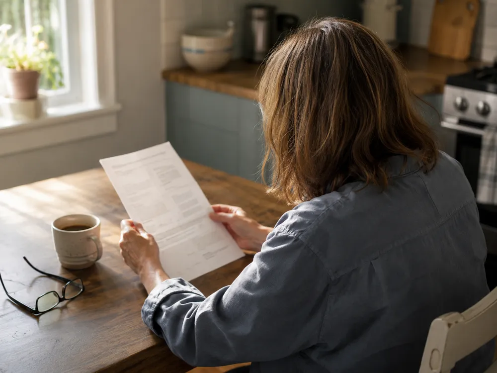 A person sitting at a kitchen table reading a printed medical report, seen from behind.