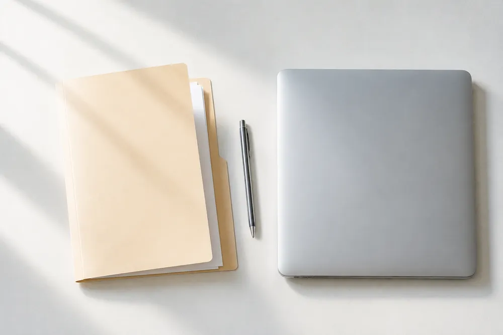A document folder, a pen and a closed laptop on a desk, seen from above.